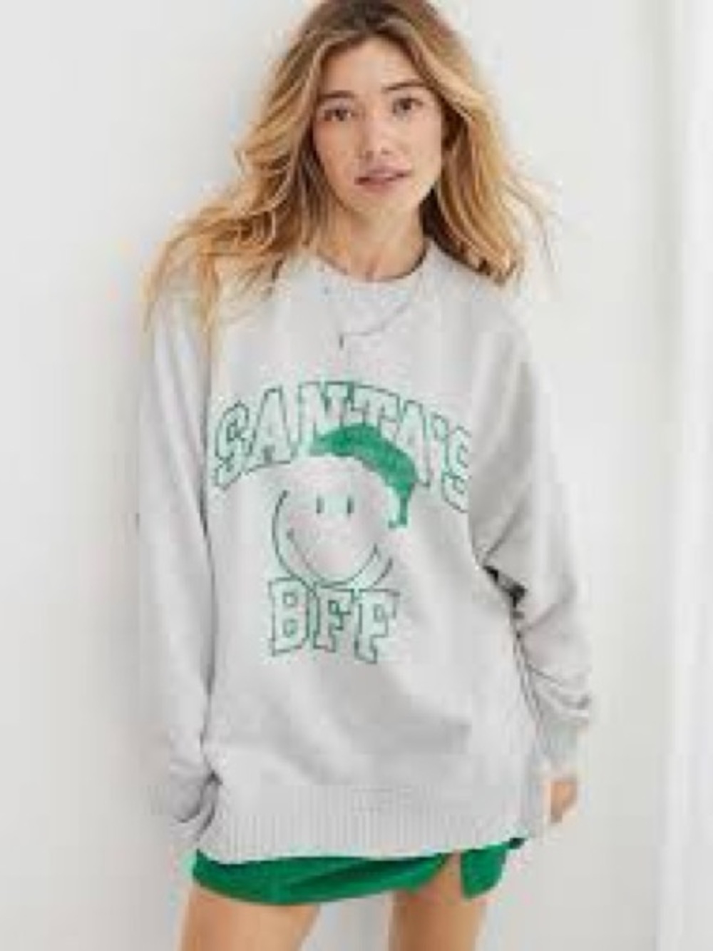Aerie Down-To-Earth Oversized Holiday Santa's BFF Sweatshirt Crew Neck L